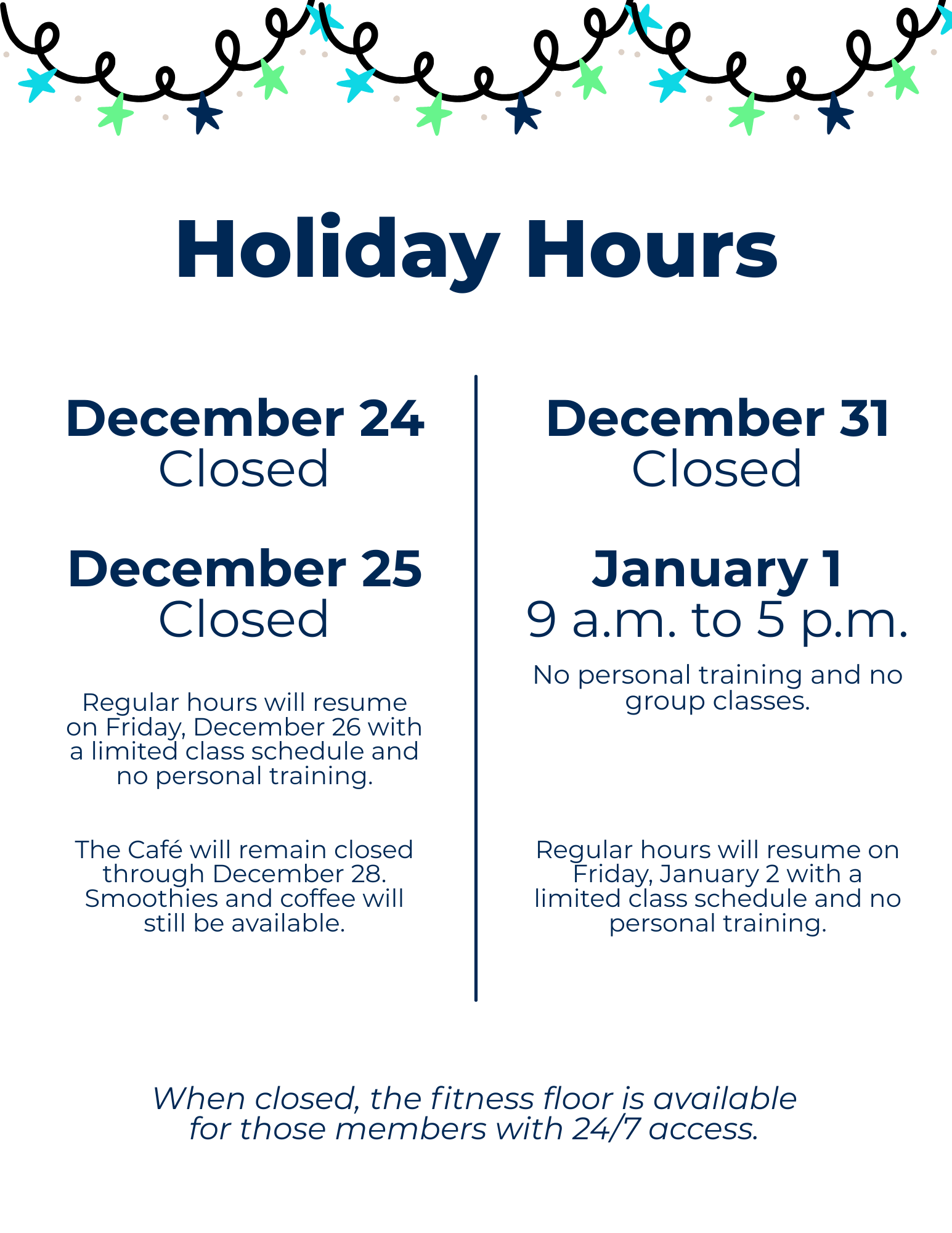 2025 Holiday Hours medical fitness certified logo